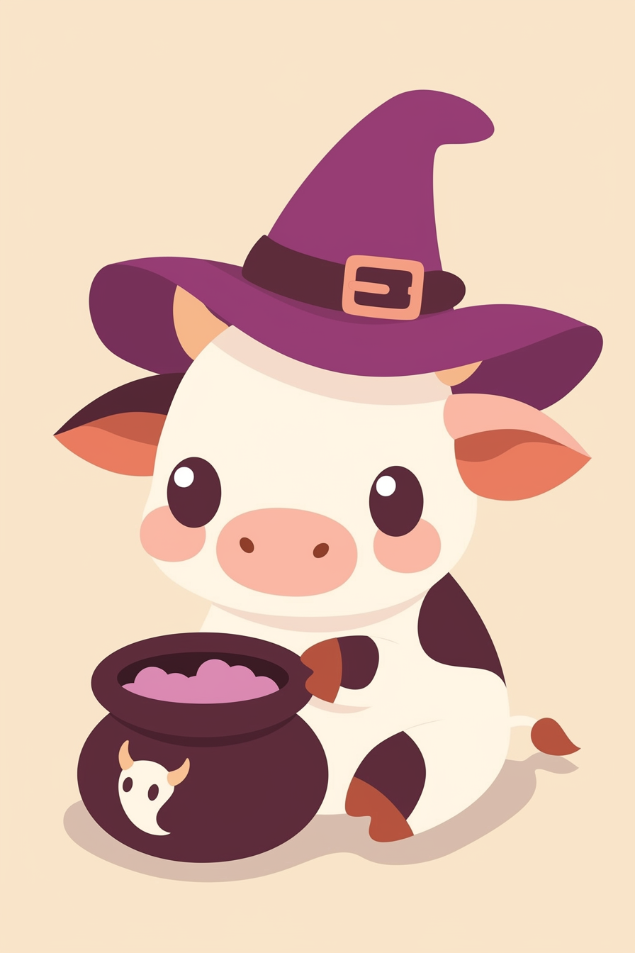 halloween cute animals drawings 2 featuring a charming cow dressed as a witch next to a cauldron. The cow has a white and brown coat, wearing a purple witch hat and sitting beside a dark cauldron with a tiny cow face peeking out.